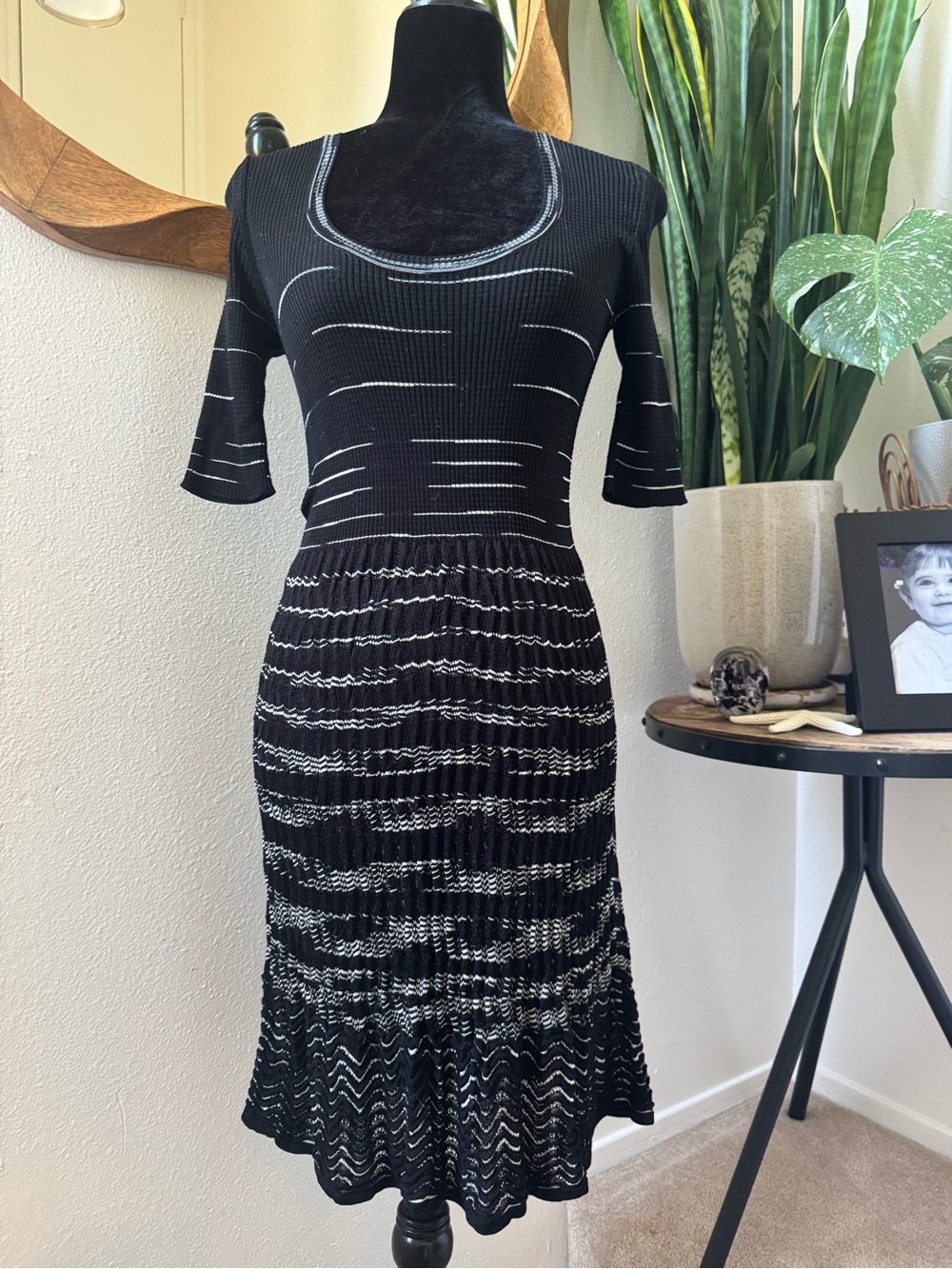 M Missoni Black & White Knit Scoop Neck Midi Dress